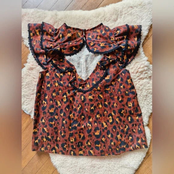 Sezane Brown Leopard Ruffle Blouse - Picture 4 of 6